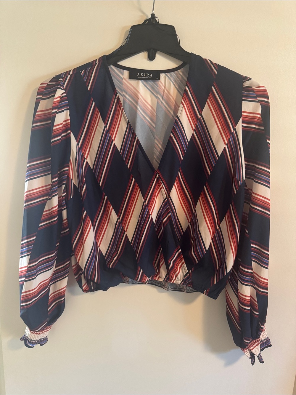 AKIRA Navy, Red & Cream Striped Wrap Blouse
